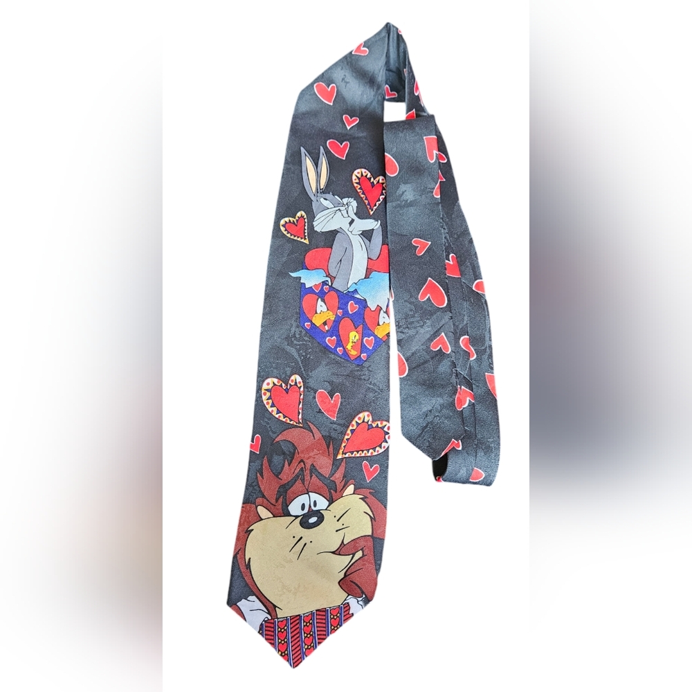 Vintage 1995 Looney Tunes Black Hearts Tie Taz Bugs Bunny Tweety Valentines